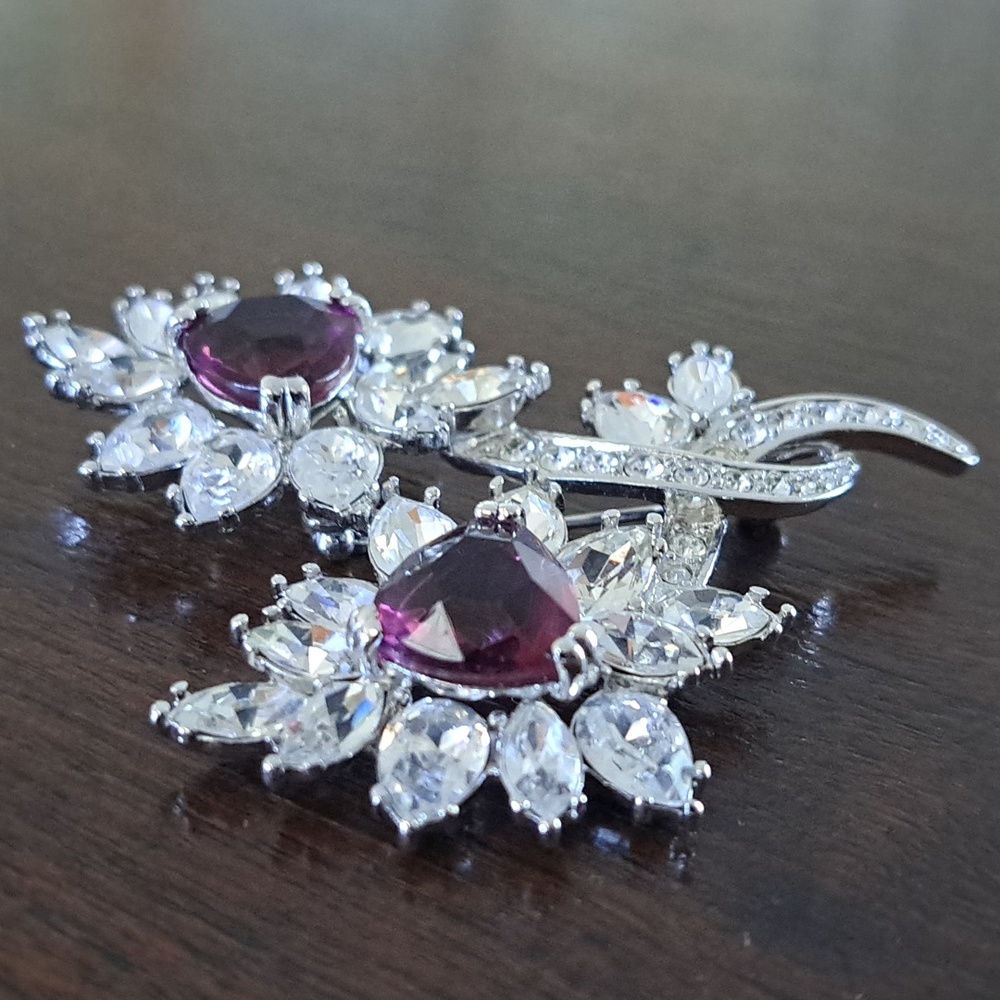 Nolan Miller Statement Brooch, Silver-tone, Rhinestone, Purple Stone - Picture 3 of 8